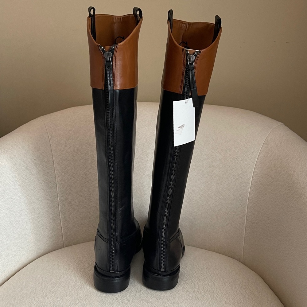 NEW Franco Sarto Meyer Knee High Boots TwoTone Black and Brown Tall Riding Boots - Picture 6 of 12